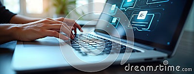 Person uses laptop with AI virtual assistant. Person interacts with AI software using keyboard input. Modern tech. AI tools Stock Photo