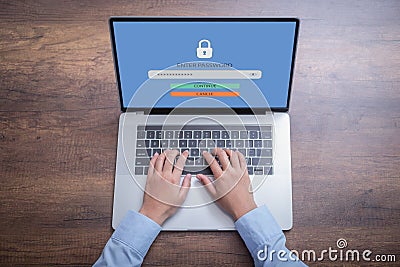 Person using access window to log in entering password on laptop, Sign up username password Enter log in, Cyber protection, Stock Photo