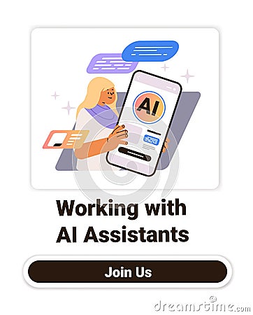Person using AI assistant smartphone app colorful chat bubbles abstract background website banner Vector Illustration