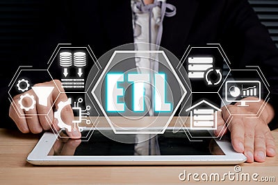 Person using digital tablet with extract transform load icon on virtual screen Stock Photo
