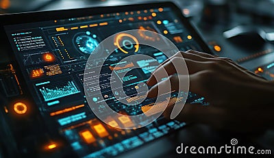 Person using laptop with AI-powered interactive dashboard for advanced business intelligence and data visualization Stock Photo