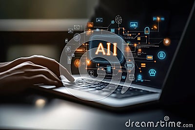 Person using laptop to analyze AI data. Hands on keyboard. Modern interface shows predictive analytics and customer service Stock Photo
