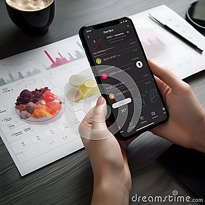 A person using a mobile app to track their caloric intake one generative AI Stock Photo