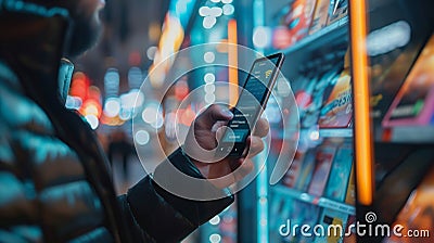 Person using phone in front of vending machine, text 