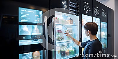 A person using a smart refrigerator to keep track of food generative AI Stock Photo