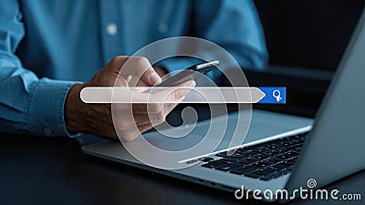 Person using a smartphone with a search bar overlay for online searching or data retrieval Stock Photo