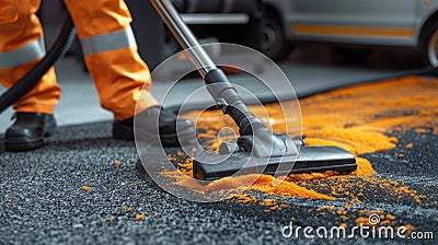 Person Using Vacuum Cleaner to Clean Street Stock Photo