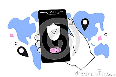 Person using a VPN application to surf internet, virtual private network, world map, holding a smartphone with proxy app Vector Illustration