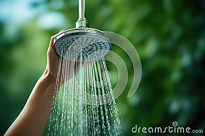 Person Using Waterefficient Showerhead To Conserve Water. Access To Clean Water For The Poor.. Generative AI Stock Photo