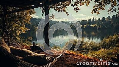 person view couple resting at camping woman laying in hammock with beautiful view. generative ai Stock Photo