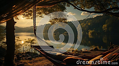 person view couple resting at camping woman laying in hammock with beautiful view. generative ai Stock Photo