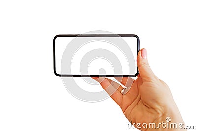 Person viewing something on phone with empty white screen. Mobile app mockup. Stock Photo