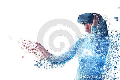 A person in virtual glasses flies to pixels. The woman with glasses of virtual reality. Future technology concept Stock Photo