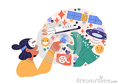 Person in VR headset and virtual reality experience. Digital world, cyberspace technology concept. Happy woman exploring Vector Illustration