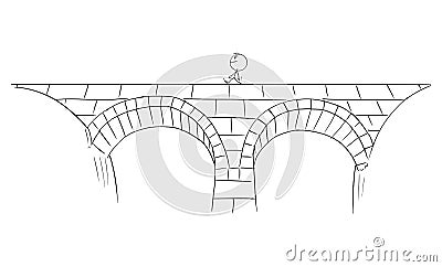 Person Walking Across the Bridge, Vector Cartoon Stick Figure Illustration Vector Illustration