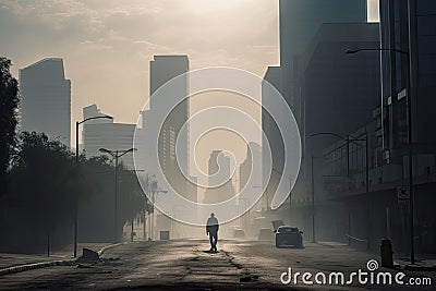 person, walking along smoggy city street, with view of polluted skyline Stock Photo