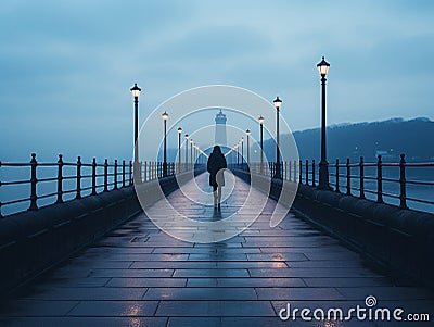 a person walking on a bridge in the fog Stock Photo