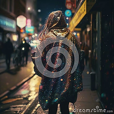 a person walking down a street at night with a raincoat on. generative ai Stock Photo
