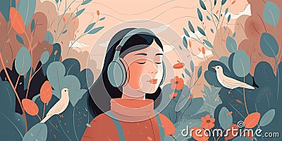 A person walking in a garden with eyes closed, listening to the sounds of nature Cartoon Illustration