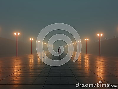 a person walking in the middle of a foggy street Stock Photo