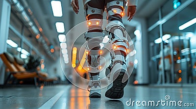 Person Walking in Robotic Exoskeleton Legs in a Modern Indoor Facility Stock Photo