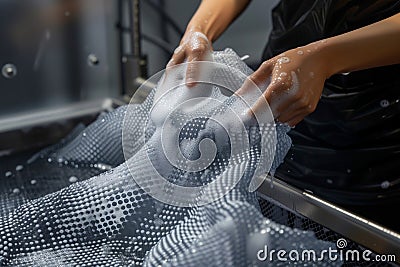 person washing a 3d printed garment, demonstrating its durability Stock Photo