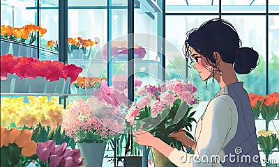 person watering flowers. woman collects a bouquet in a glassed flower shop Stock Photo