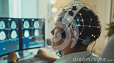 Person wearing a brain-monitoring headset analyzing brain scans on computer screens in a high-tech lab Cartoon Illustration