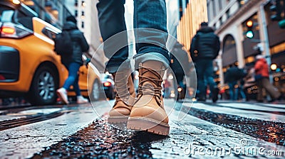 A person, wearing brown boots, walks down a city street sidewalk Stock Photo