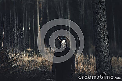 Person wearing a creepy Taxidermy mask in an autumn forest Stock Photo