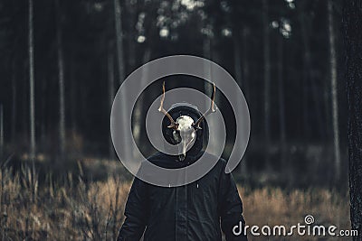 Person wearing a creepy Taxidermy mask in an autumn forest Stock Photo