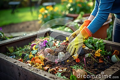 Person wearing gloves throwing food and yard scraps into a residential compost bin. Decomposing organic matter rich in nutrients Stock Photo