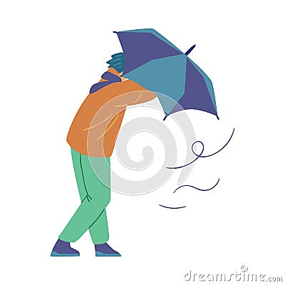 Person wearing jacket, with umbrella in his hands, walk in a rainy windy day. Man under umbrella in wind weather, vector Vector Illustration