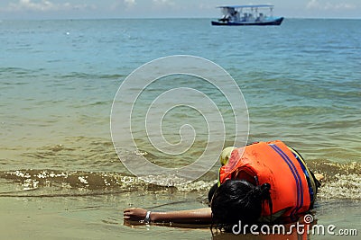 Person wearing life vest Stock Photo