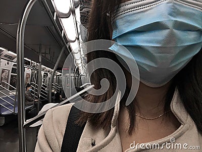 Person Wearing Mask Inside Subway Train MTA NYC Social Distancing Rules New York Editorial Stock Photo