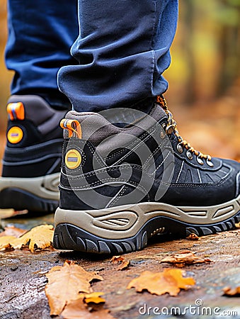 A person wearing a pair of black and brown hiking shoes. Generative AI image. Stock Photo