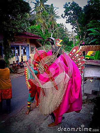 a person wearing a red bird costume at a cultural event in the village of Kemiren Banyuwangi Editorial Stock Photo