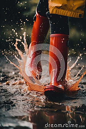 A person wearing red rain boots splashing water. Generative AI image. Stock Photo