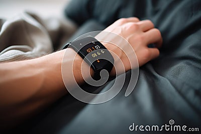 person, wearing sleek and futuristic smartwatch with touchscreen interface Stock Photo