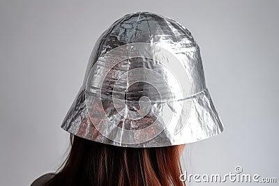 A person wears a small handmade hat made of aluminium foil on a light background to protect himself from radiation and conspiracy Stock Photo