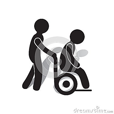 Person in a wheelchair being helped.. Vector illustration decorative background design Cartoon Illustration