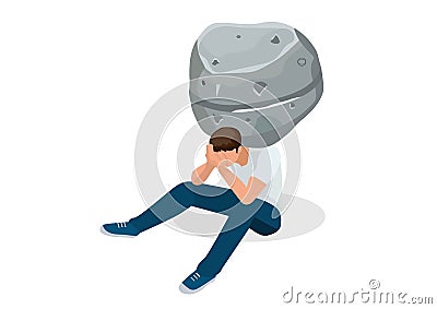 A person who is discouraged and despair is like carrying a heavy stone on his shoulders. caused by difficult problems. Flat style Vector Illustration