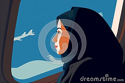 person woman transportation seat plane character window flight trip journey passenger. Generative AI. Stock Photo