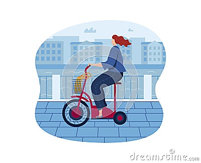 Person woman at urban bike, speed lifestyle vector illustration. Cartoon electric bicycle style for modern people Vector Illustration