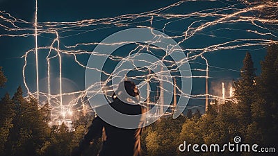 person in the woods Steam punk waterfall of sparks, with a landscape of electric trees and wires, with a cyborg Stock Photo