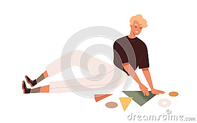 Person work with abstract business diagrams, making report, organizing data, collecting and analyzing information. Man Vector Illustration