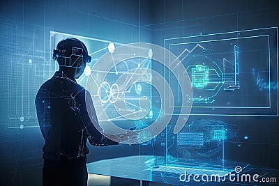 person, working on complex project with digital holographic background in the background Stock Photo