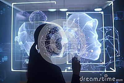 person, working on complex project with digital holographic background in the background Stock Photo