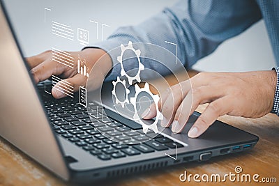 Person working on computer laptop. automation, industrial business process workflow optimisation concept on virtual digital screen Stock Photo