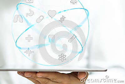 Person working with a digital interface of health insurance Stock Photo